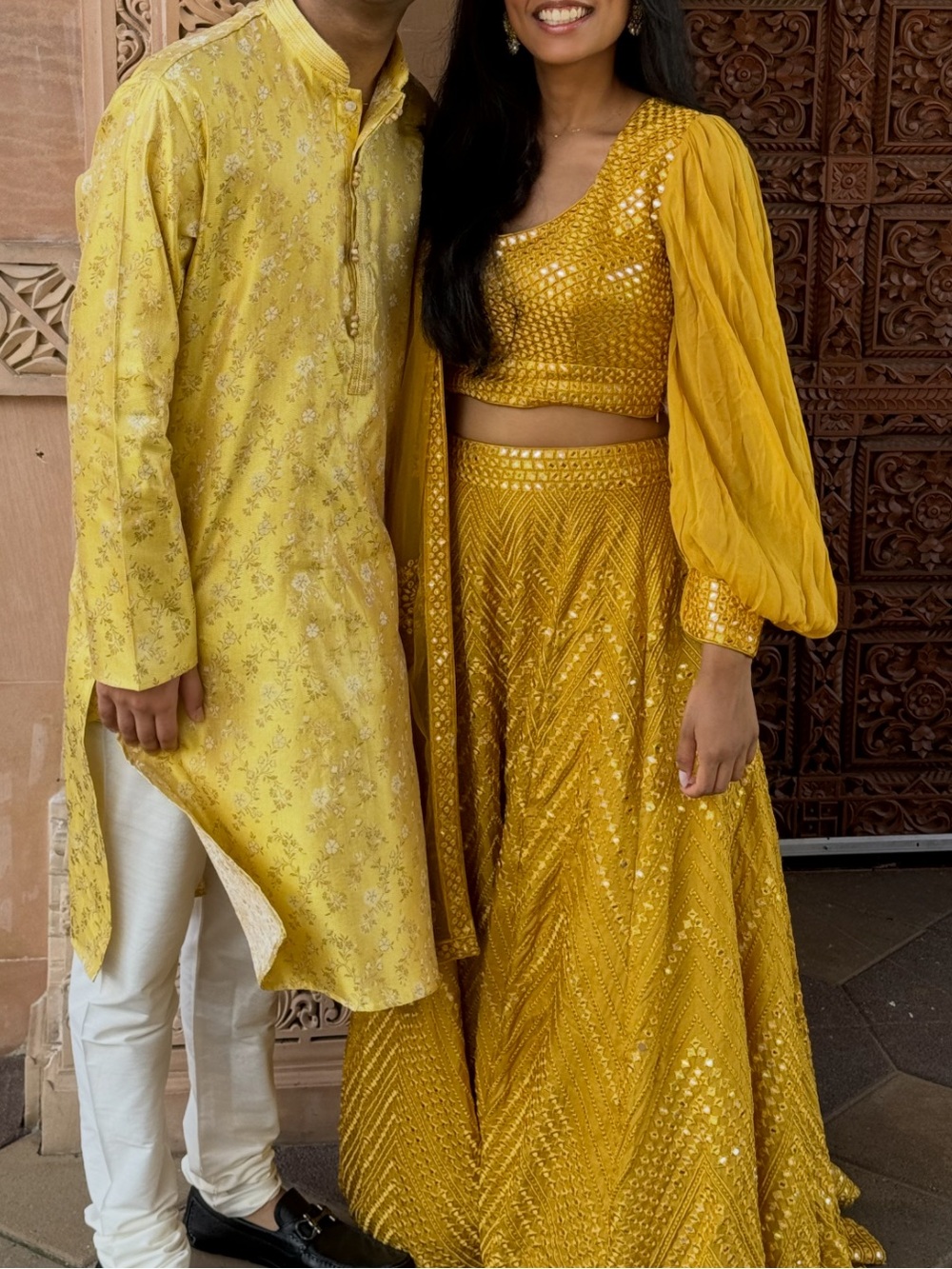 Yellow Embellished Lehenga with Balloon Sleeves with Men’s Yellow Outfit